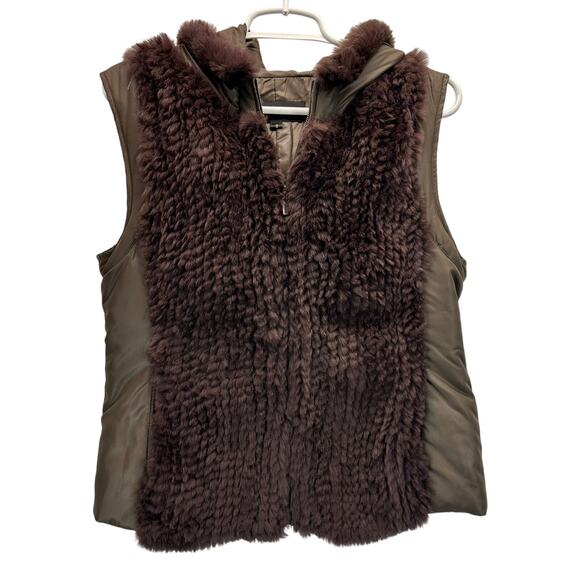 Dana Stein Rabbit Fur Hooded Vest Brown Small - Picture 1 of 6
